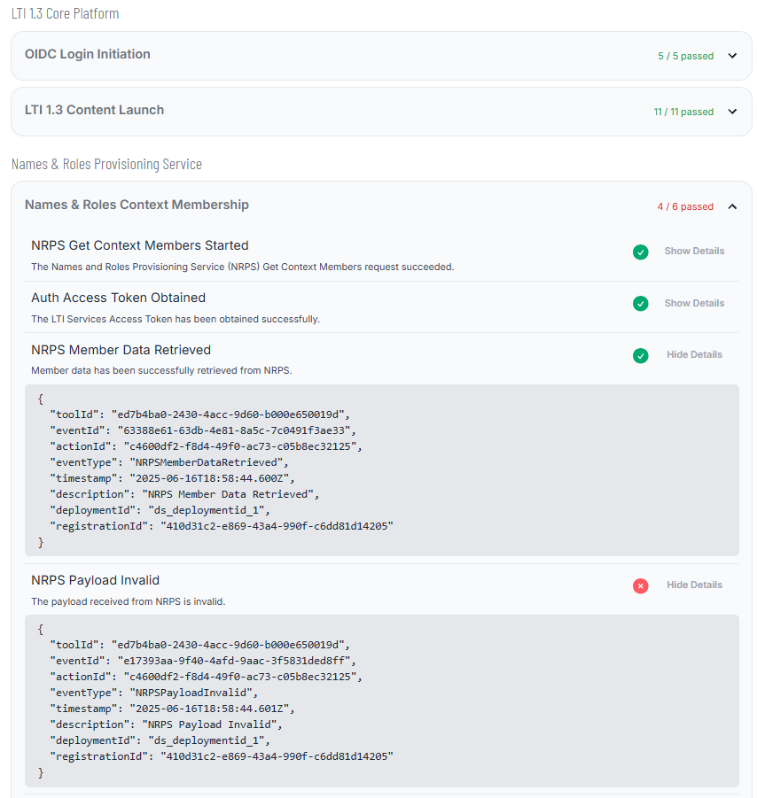 Screenshot of Platform diagnostics including OIDC login, LTI launch, and NRPS tests.